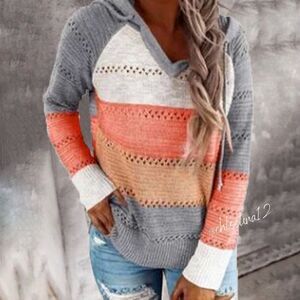 New Color Block Knit Pullover Hoodie - Pale Orange Mix